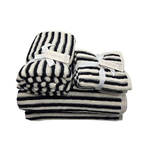 Rachel Zoe 8pc Cream And Black Striped Cotton Towel Set 2 Bath 4 Wash 2 Hand - Picture 5 of 16